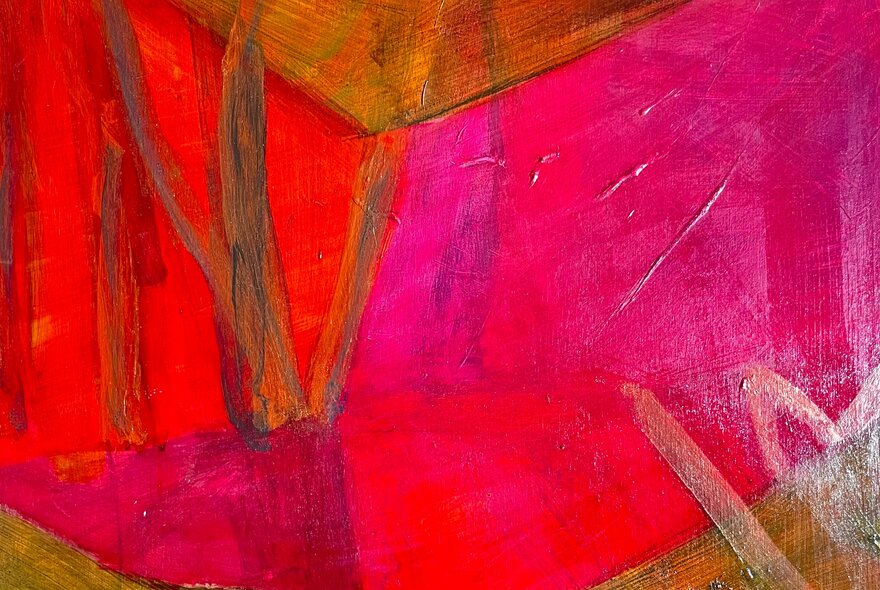 An expressive abstract painting in bright pink, red and brown.