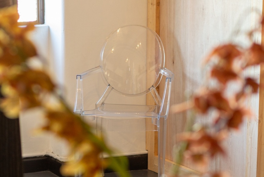 Louis Ghost chair with blurred orchids in the foreground.