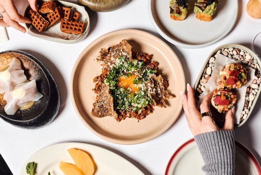 An array of Danish dishes of food including waffle biscuits.