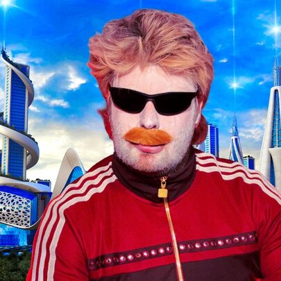 Comedian Ben Russell, with a fake moustache, dark glasses and a red zipped up tracksuit jacket, posed against a stylised futuristic city skyline.