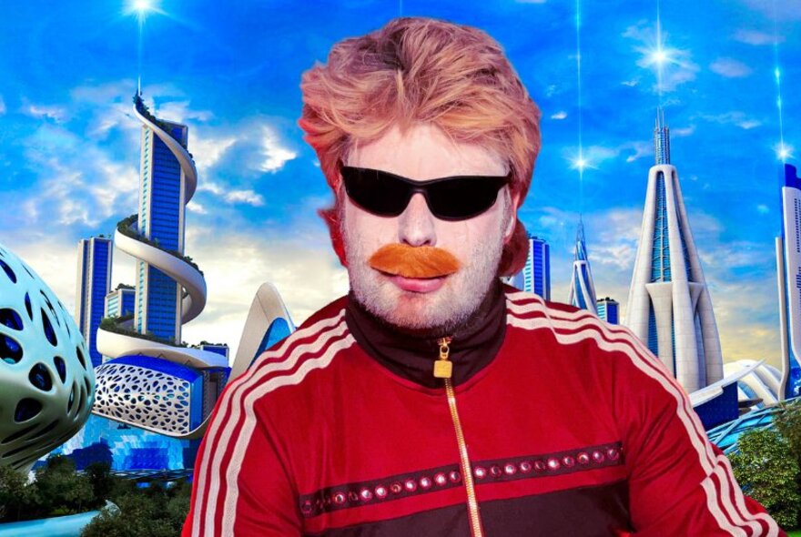 Comedian Ben Russell, with a fake moustache, dark glasses and a red zipped up tracksuit jacket, posed against a stylised futuristic city skyline.