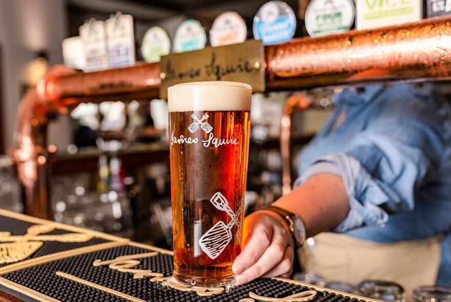 Bartender putting a glass of beer on the counter, with beer taps and labels in the background.