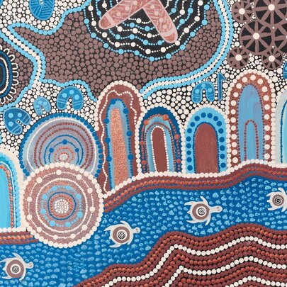 Indigenous dotpainting artwork featuring blue and ochre colours.