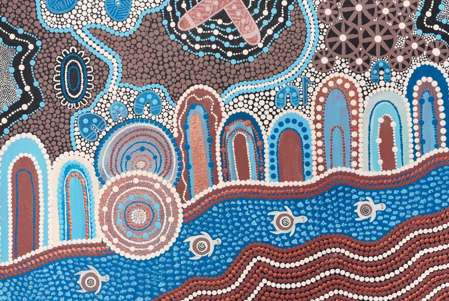 Indigenous dotpainting artwork featuring blue and ochre colours.