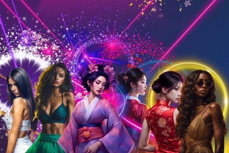 A row of Asian girls, some in traditional dress, with fireworks in the background.