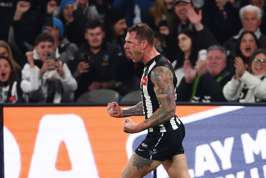 An AFL Collingwood player revving himself up with pumped fists on the field during a game, with a crowd of fans behind him.
