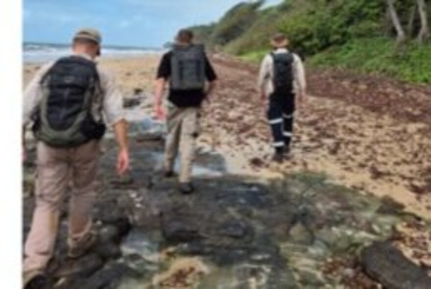 Three people with backpacks walk along a rocky shoreline next to a beach.