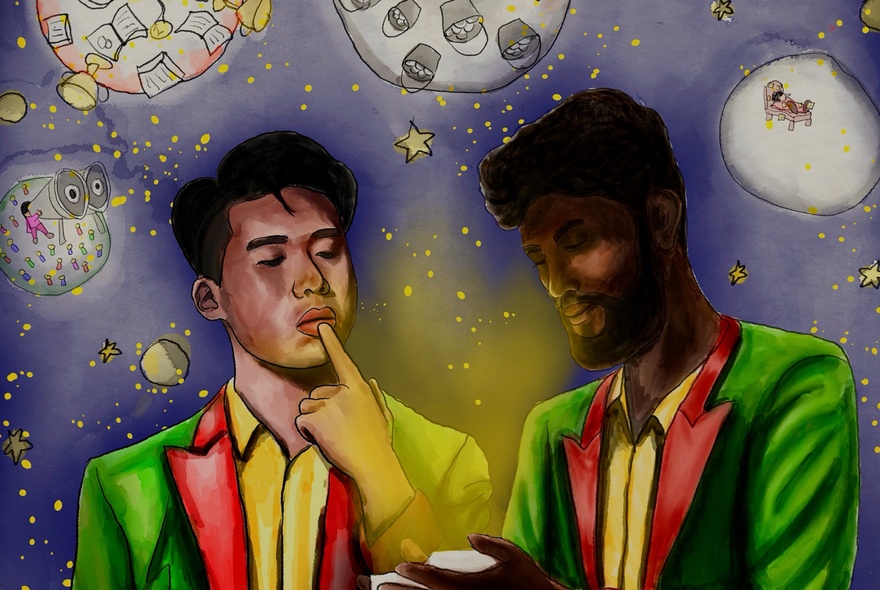 Graphic illustration of two people wearing lime green suits with red lapels, and yellow shirts, against a blue starry background.