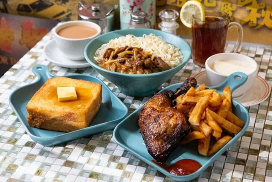 Toast, rice bowls and fried chicken at a restaurant.