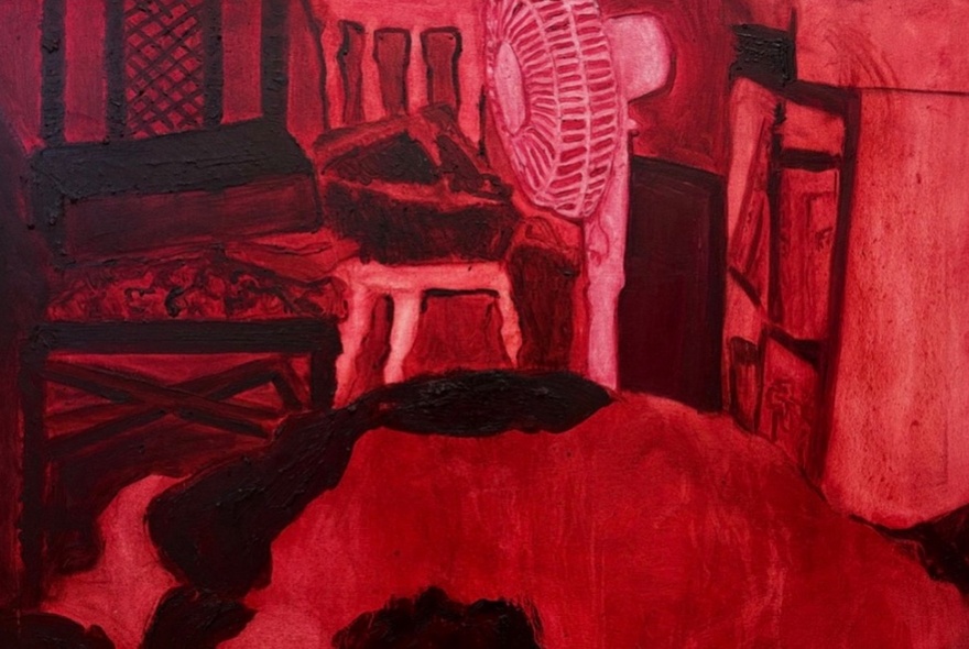 Artwork of red domestic interior with black details.