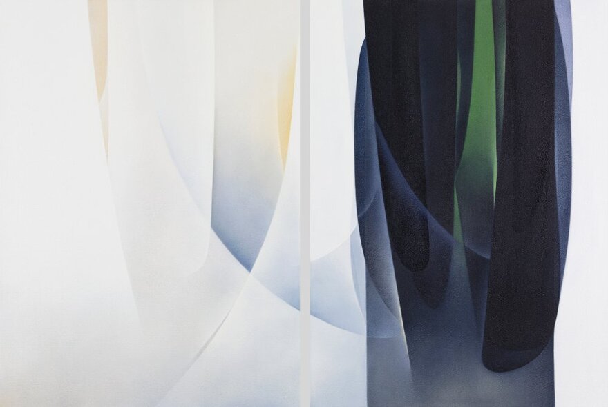 Abstract painting of softly draped fabric like forms, in shades of green, dark blue and white.