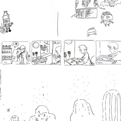 A hand-drawn comic or storyboard sketch in black pen depicting a narrative scene.