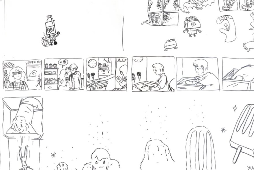 A hand-drawn comic or storyboard sketch in black pen depicting a narrative scene.