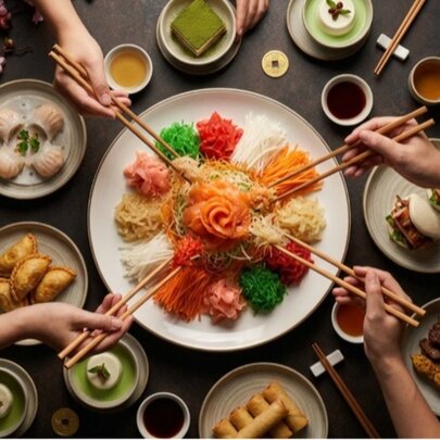 A communal dining scene where multiple hands use chopsticks to toss a colorful Yu Sheng salad.