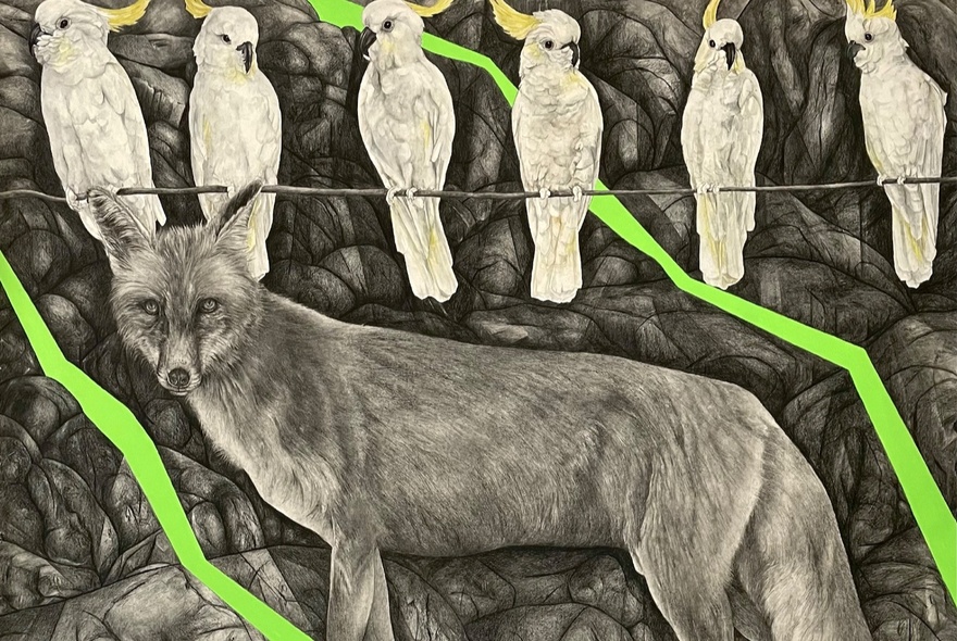 Black-and-white graphite sketch with bright green accents shows six white cockatoos perched in a row on a wire above a fox standing against a rocky background.