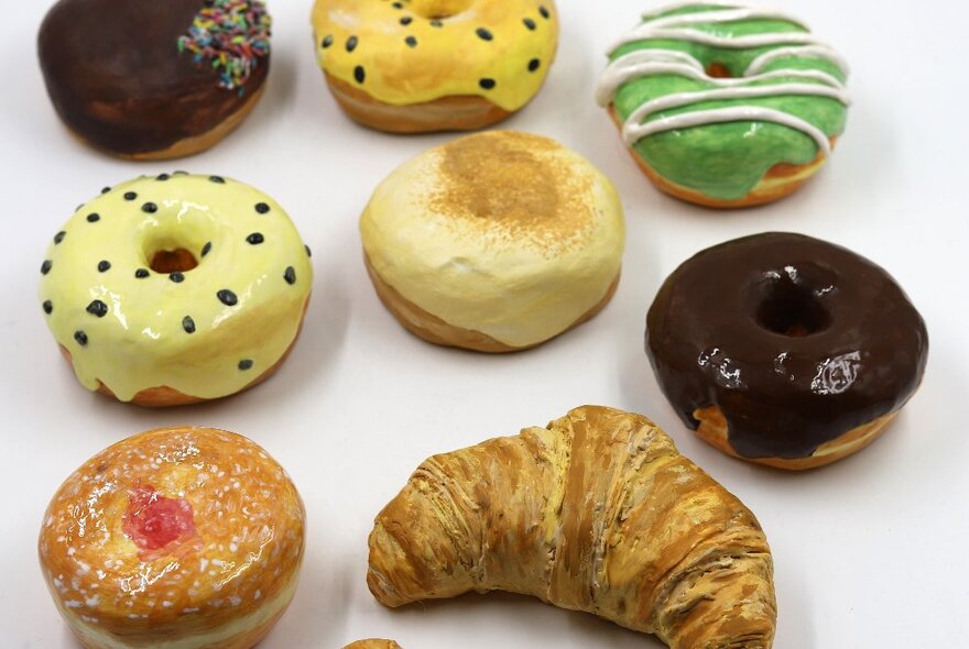 Realistic-looking sculptures of food including doughnuts and croissant.