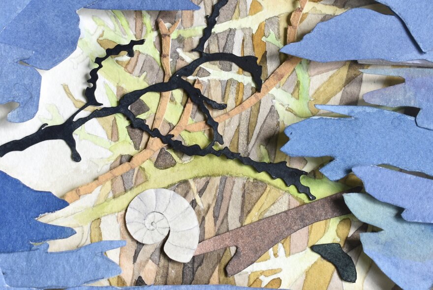 Art piece made from paper depicting a shell and branches on a blue background. 