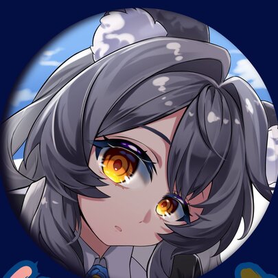 An anime-style female character with messy grey hair and bright amber-yellow eyes is depicted inside a circular profile picture frame against a dark blue background.
