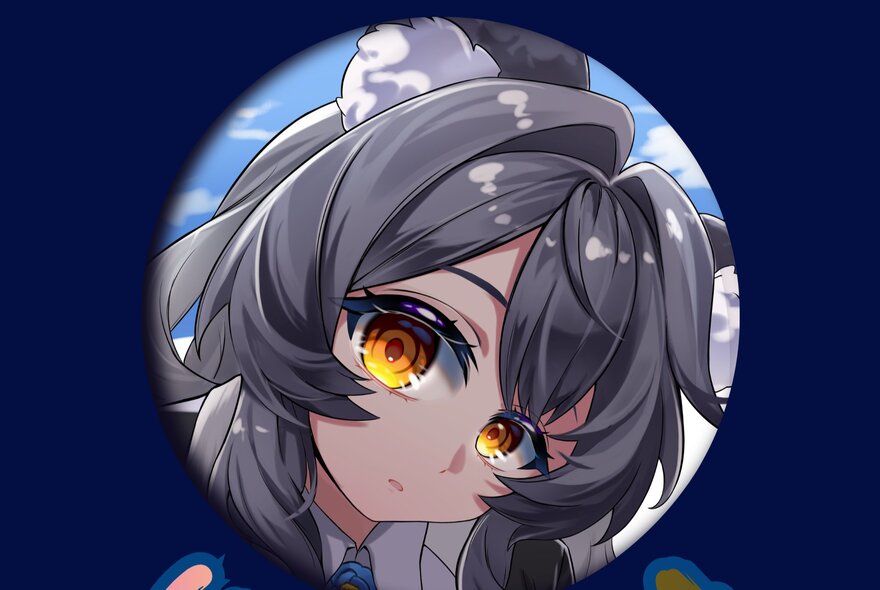 An anime-style female character with messy grey hair and bright amber-yellow eyes is depicted inside a circular profile picture frame against a dark blue background.