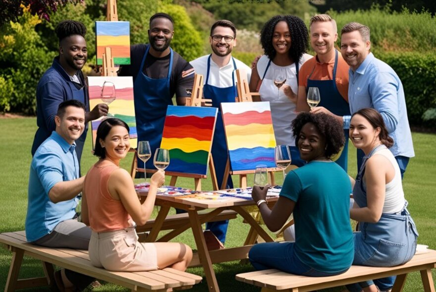 People seated at a table holding glasses of wine with rainbow atworks on easels, other people gathered with glasses.