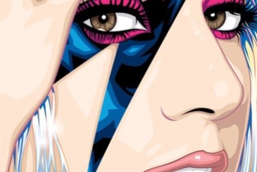 A cartoon style drawing of a woman's face in close-up, with a blue lighting flash painted across one eye and cheek.