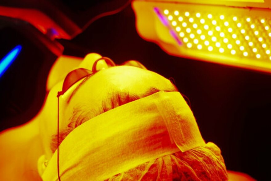 A woman receiving an infrared skin treatment on her face with eye protection and a hair wrap.