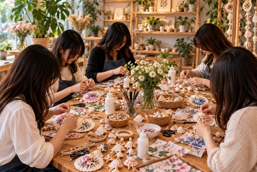 Participants seated around a craft table applying floral decoupage to shells as part of a creative art workshop.