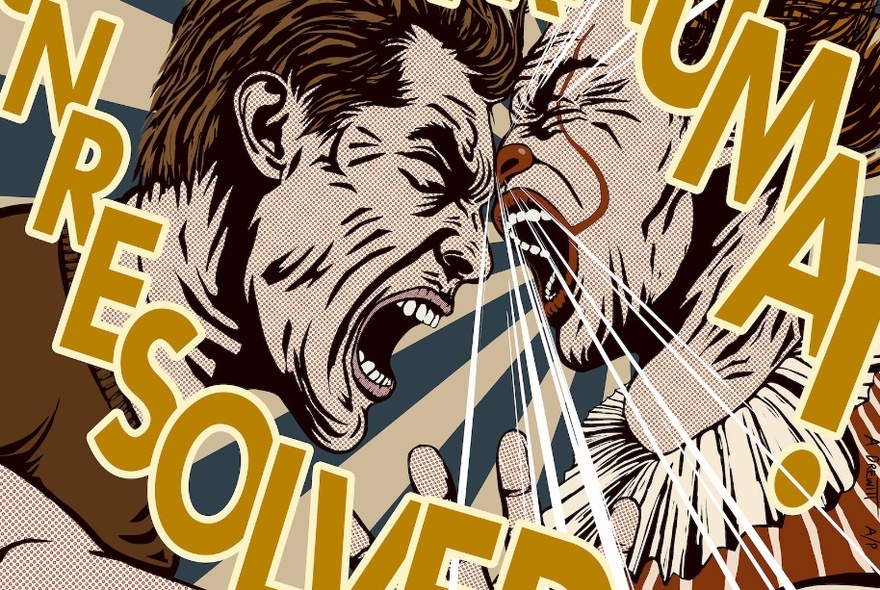 A Lichtenstein cartoon-inspired artwork of two people screaming in each other's face with words in capitals and exclamation points.