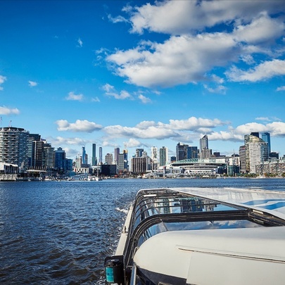 The Yarra River and city centre viewed from onboard a cruise boat.
