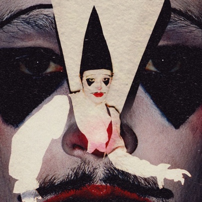 Actor in pierrot clown makeup, cone hat and dress, superimposed on a close-up of clown made-up face.
