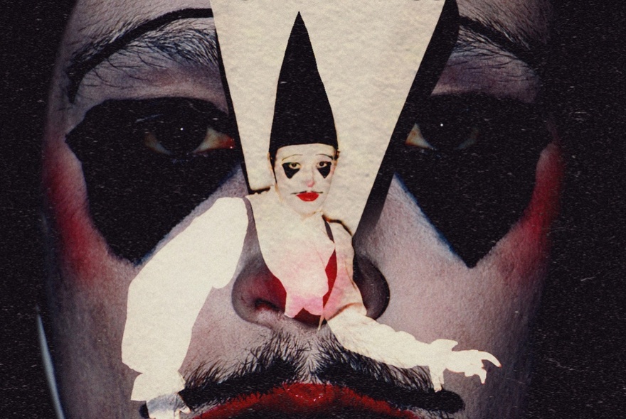Actor in pierrot clown makeup, cone hat and dress, superimposed on a close-up of clown made-up face.