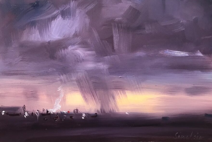 Abstract oil painting of a low horizon and a stormy sky in bold painterly strokes.