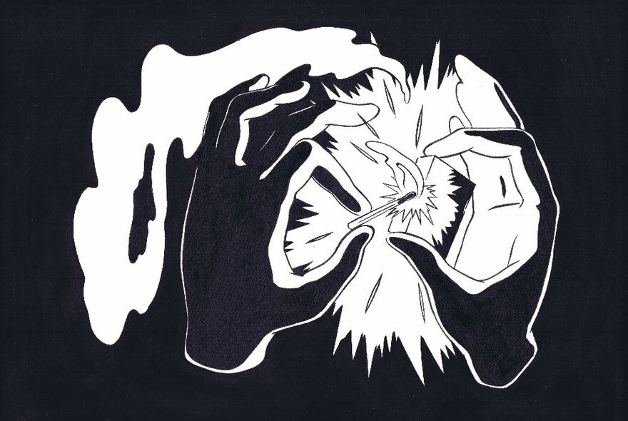 A black and white graphic illustration of two hands and a spark as a match is struck against a matchbox.