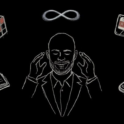 A white line drawing on a black background of a smiling, bald man with his hands raised to his head, with objects including an infinity symbol, a Rubik's cube, a cassette tape, an open book, and a flip phone hovering around him.