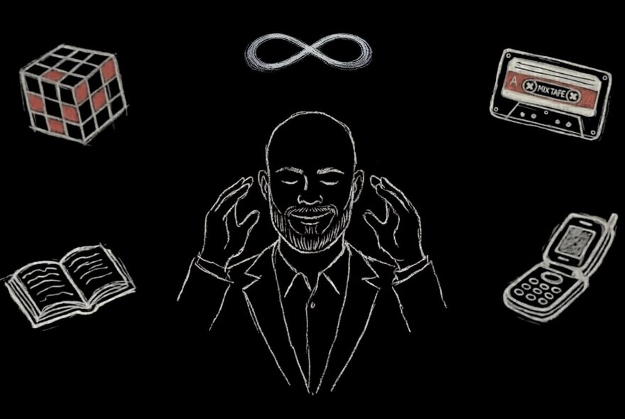 A white line drawing on a black background of a smiling, bald man with his hands raised to his head, with objects including an infinity symbol, a Rubik's cube, a cassette tape, an open book, and a flip phone hovering around him.