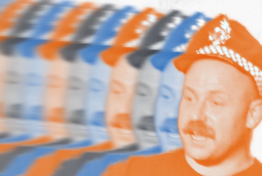 Multiple image of man with moustache wearing a police hat.