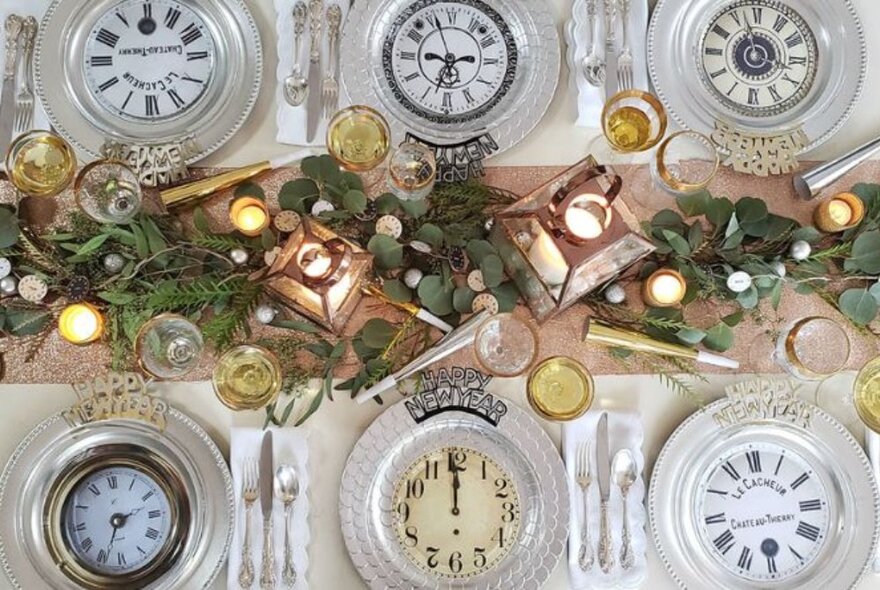 Bird's eye view of a dining table with festive decorations and candles, with the white dinner plates each showing a clock face set to a different time.