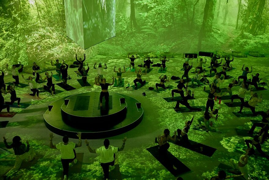 Wellness class seated in a circle around a central dais with a backdrop of green forest imagery.