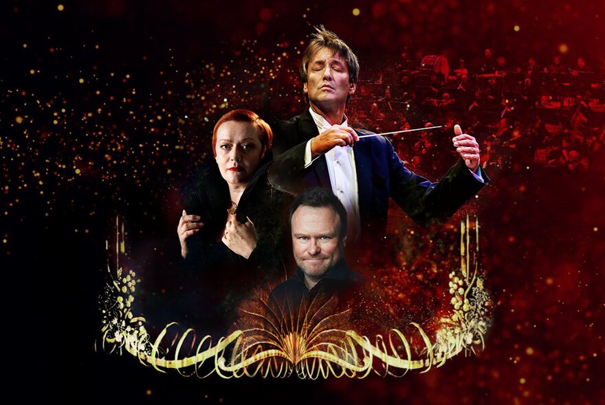 Three classical musicians surrounded by glittering scolls and stars.