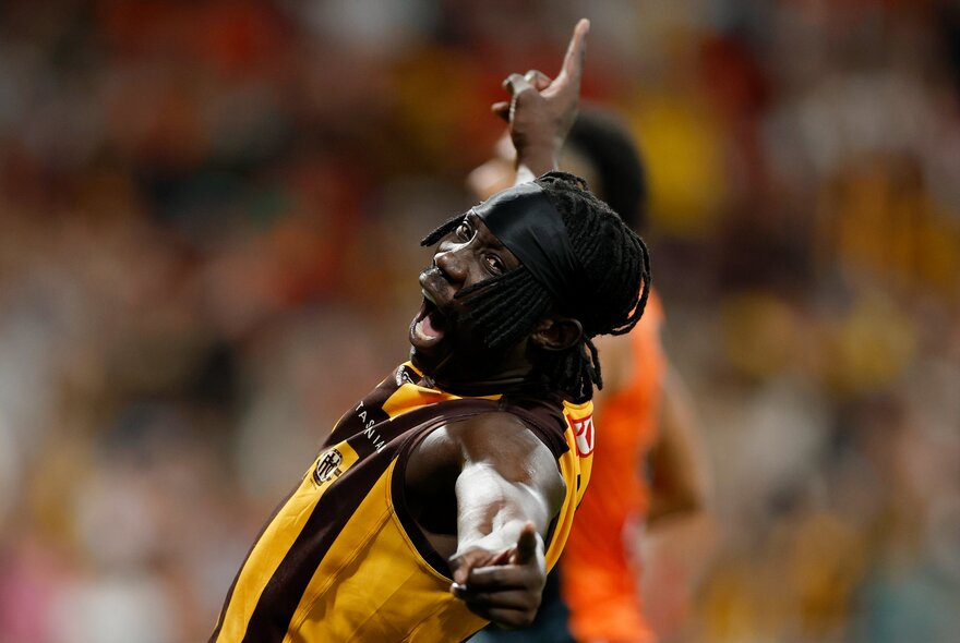 A Hawthorn AFL player with arms outstretched in a celebratory fashion, on the footy field.