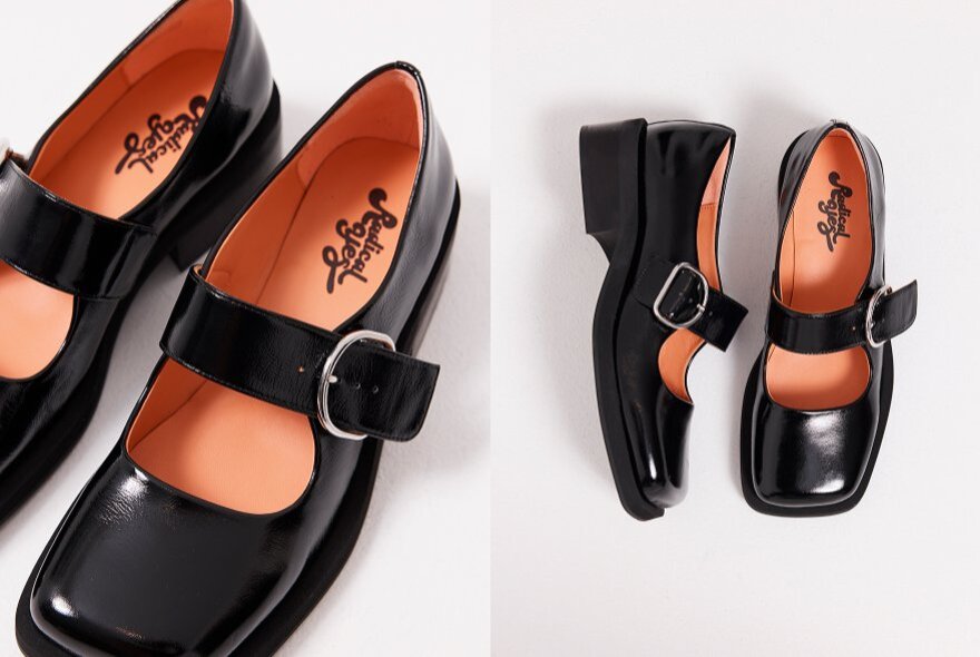 Pairs of buckled Mary Jane shoes.