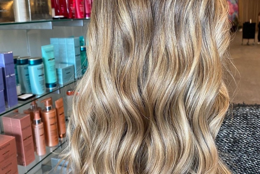 Blond-brown wavy hair, seen from behind with shelves of hair products to left and salon in background.