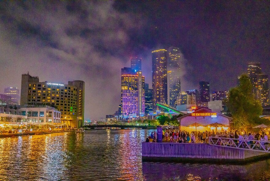 Melbourne skyline from South Wharf, the sky showing shades of colours. 