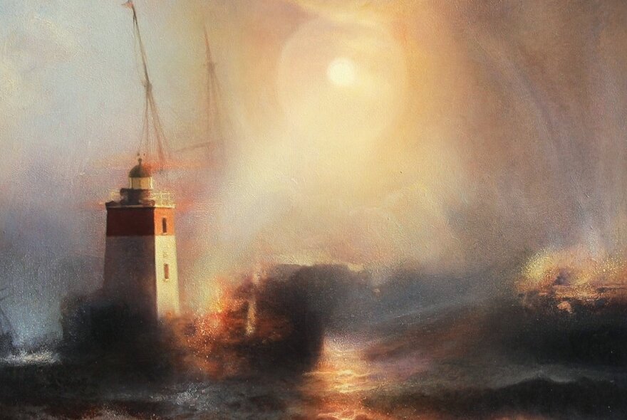 A stormy painting of a lighthouse and rough seas.