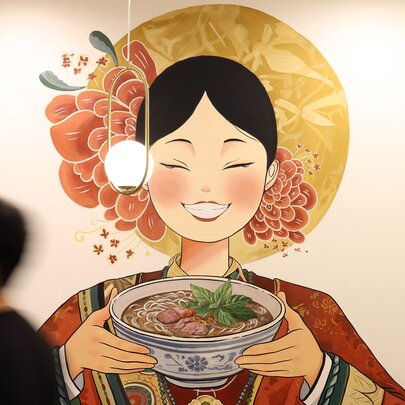 A mural on the wall of a Vietnamese restaurant depicting a traditionally-dressed Vietnamese woman holding a bowl of pho.
