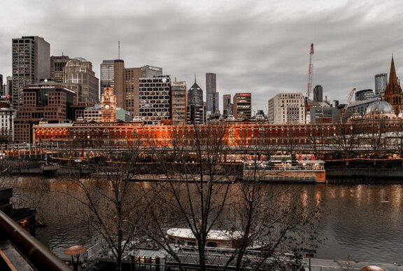 The view of Melbourne's Flinders Street station seen from across the Yarra River.