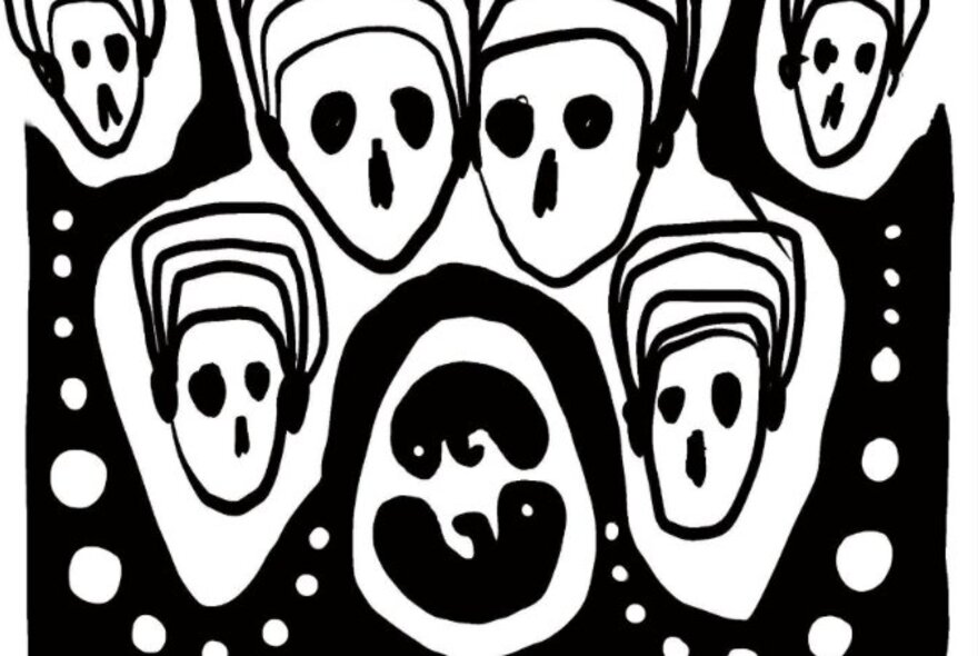 Black and white cartoon-like artwork of mouthless faces and dots.