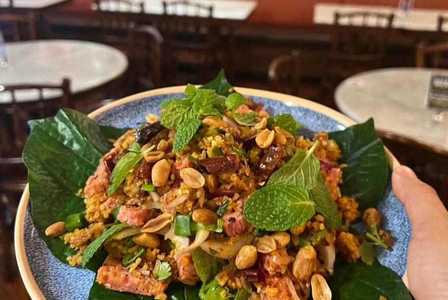 A hand holding out a plate of food garnished with mint leaves and peanuts.