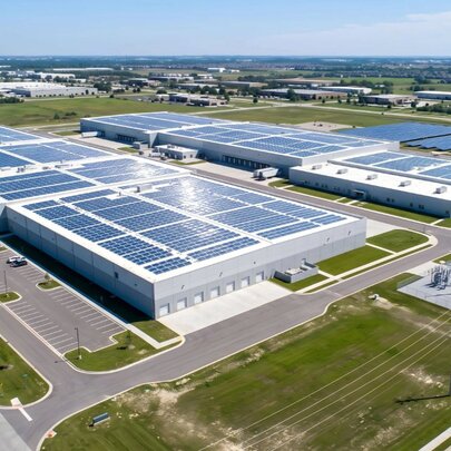 An aerial view of large data centre buildings, featuring extensive rooftop solar panel arrays and an adjacent electrical substation.