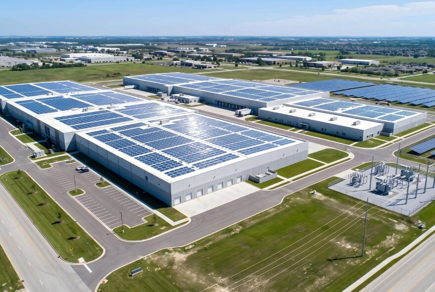 An aerial view of large data centre buildings, featuring extensive rooftop solar panel arrays and an adjacent electrical substation.
